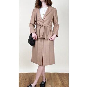 Vintage Camel Hair Wool Matching Midi Skirt Suit Set Preppy Belted Co-ord Formal